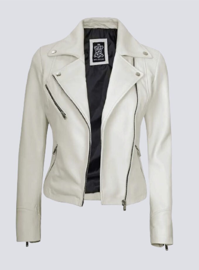 Ninfa Women Moto Style Off White Real Leather Jacket
