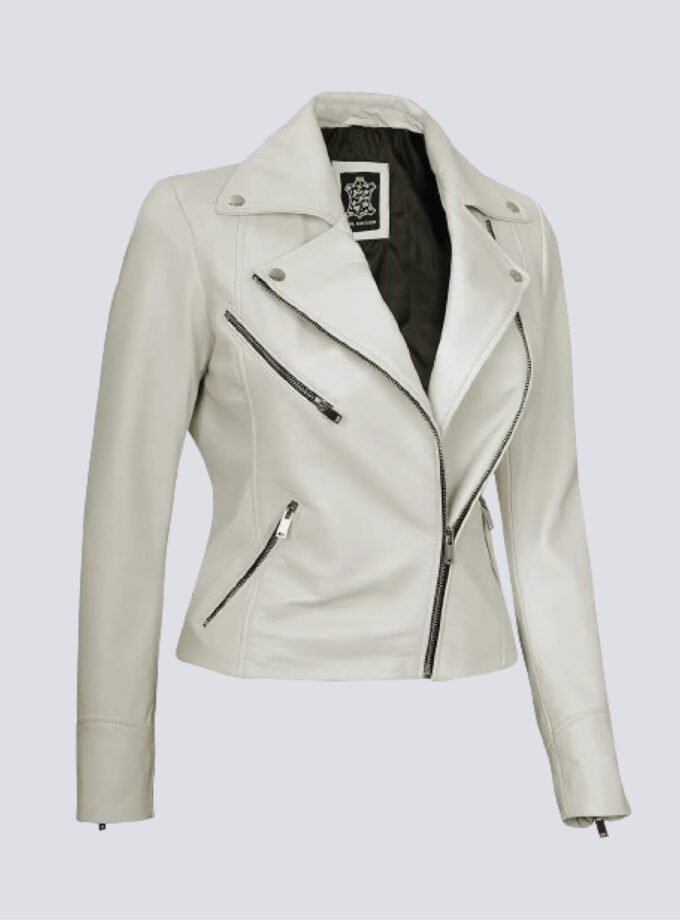 Ninfa Women Moto Style Off White Real Leather Jacket