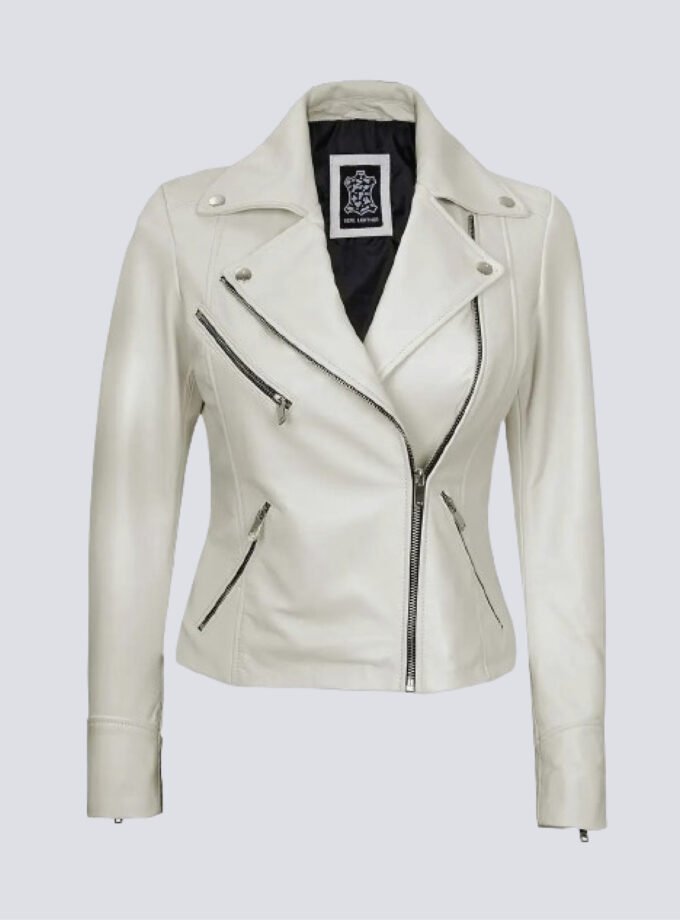 Ninfa Women Moto Style Off White Real Leather Jacket