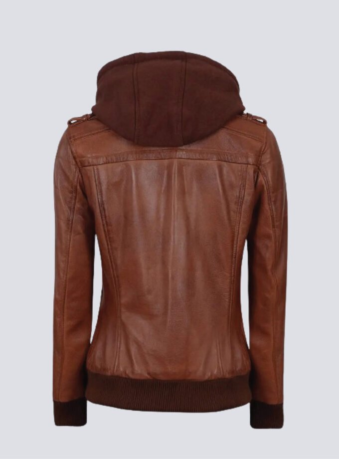 Womens Bomber Cognac Brown Leather Jacket With Removeable Hood