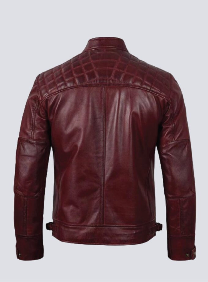 Mens Real Leather Maroon Quilted Biker Jacket
