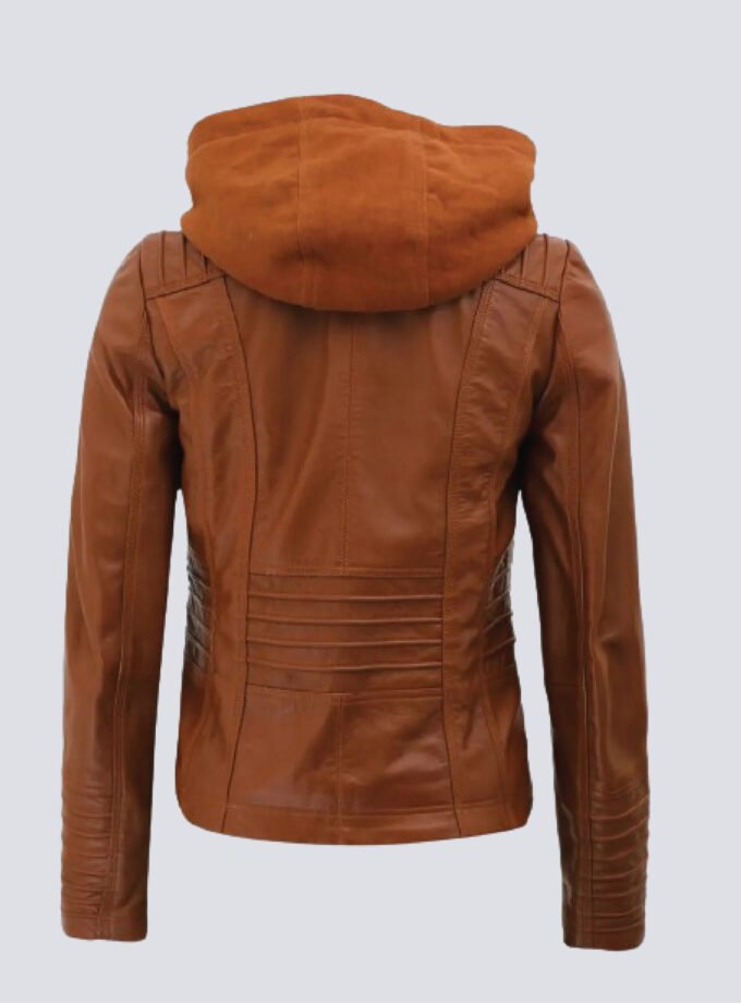 Womens Cognac Slim Fit Leather Jacket With Removable Hood
