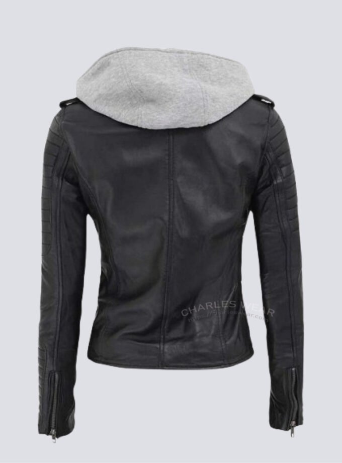 Premium Removable Hooded Women's Black Leather Jacket