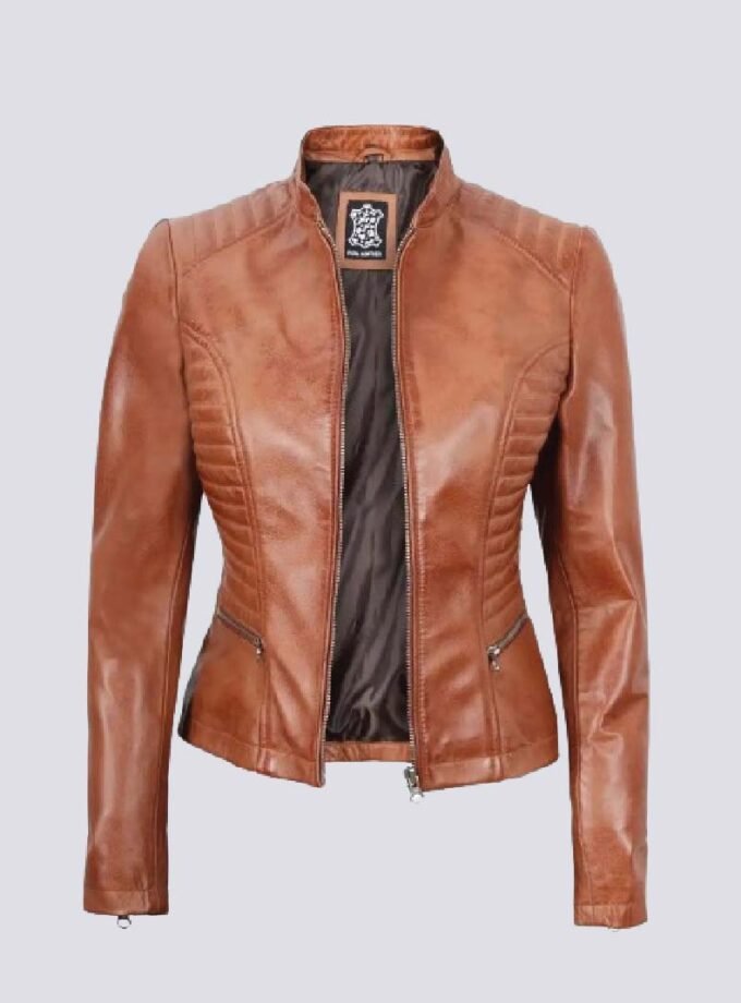 Rachel Womens Tan Cafe Racer Leather Jacket