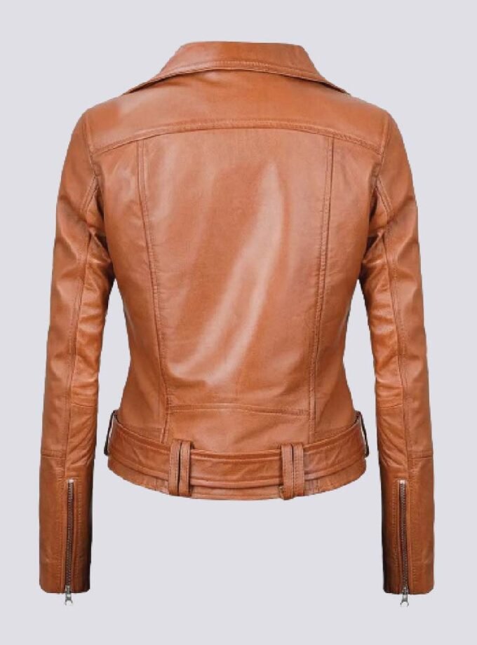 Womens Light Brown Asymmetrical Leather Biker Jacket - Belted