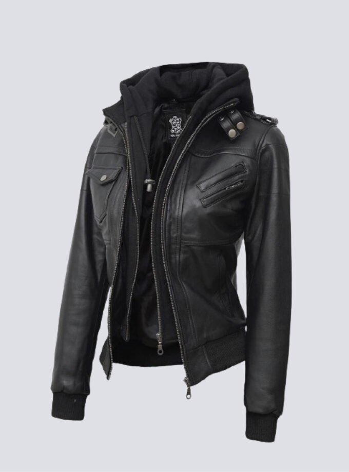 Edinburgh Womens Bomber Black Leather Jacket With Removable Hood