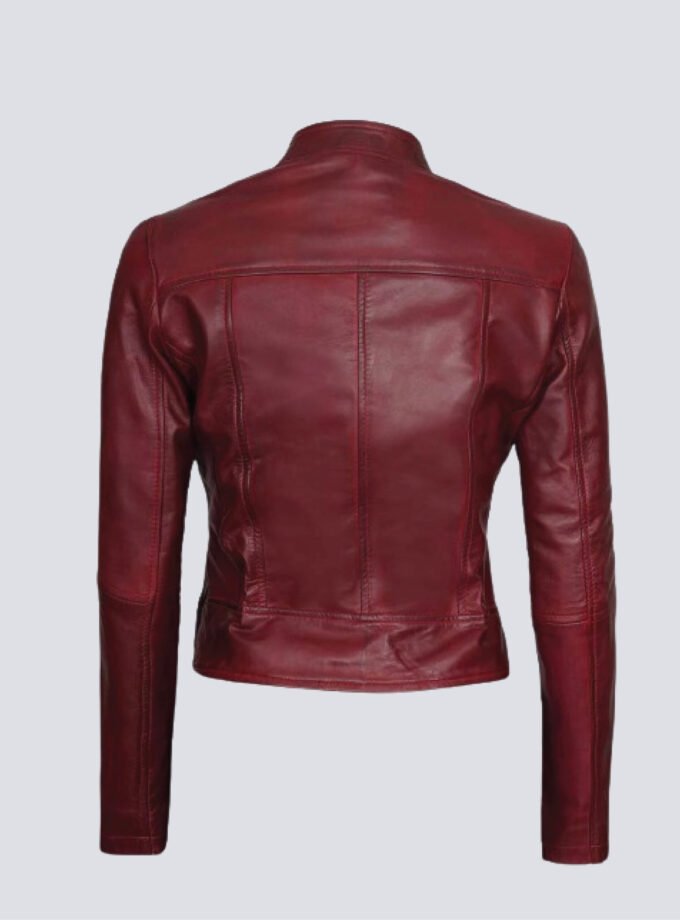 Womens Maroon Cafe Racer Leather Jacket