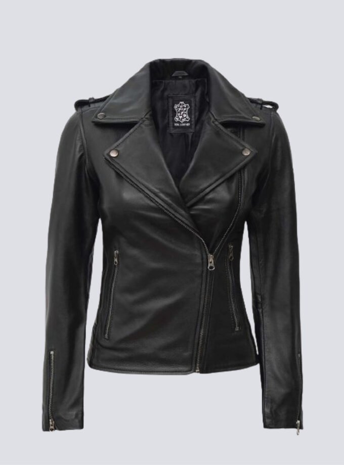 Kirsten Womens Black Asymmetrical Leather Biker Jacket