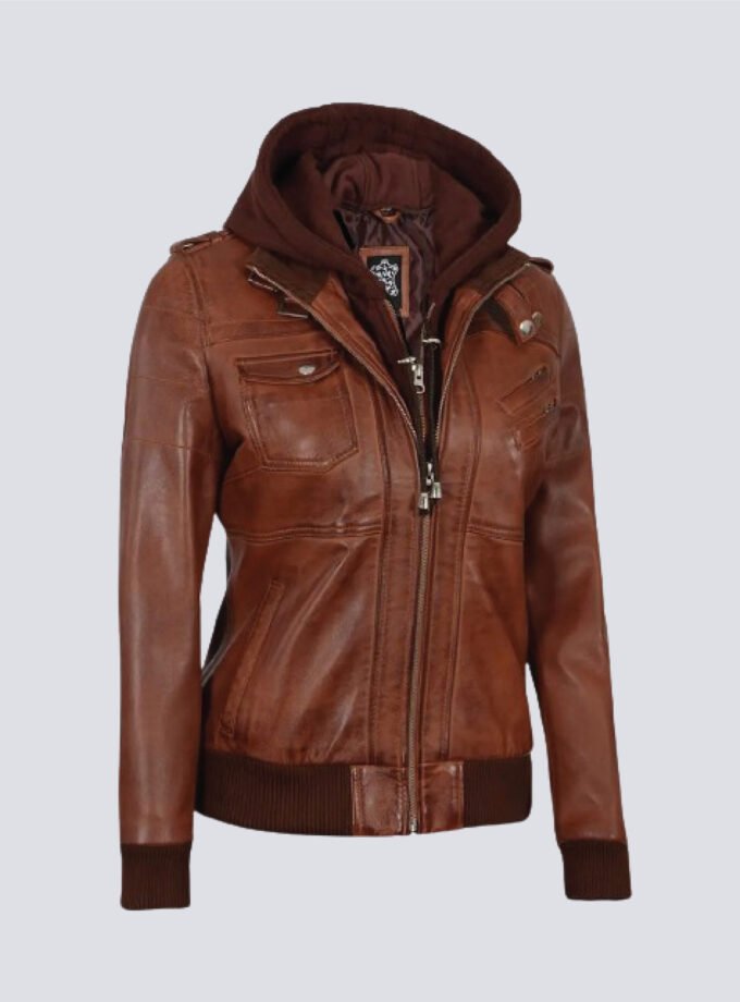 Womens Bomber Cognac Brown Leather Jacket With Removeable Hood