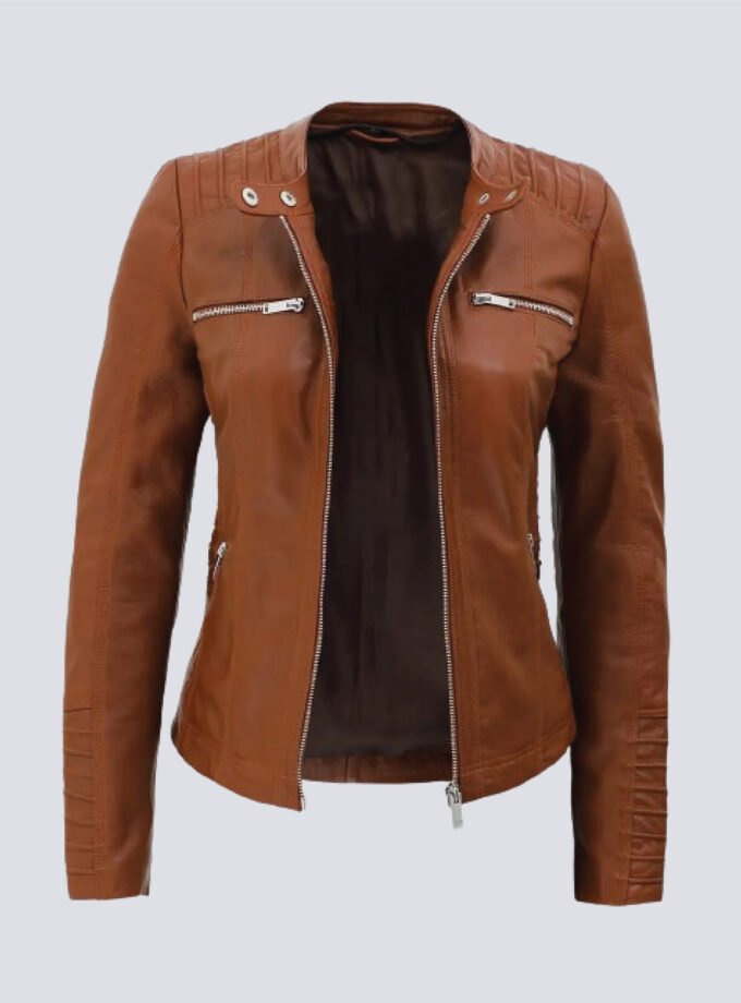 Womens Cognac Slim Fit Leather Jacket With Removable Hood