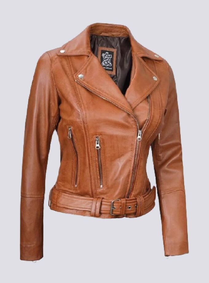 Womens Light Brown Asymmetrical Leather Biker Jacket - Belted