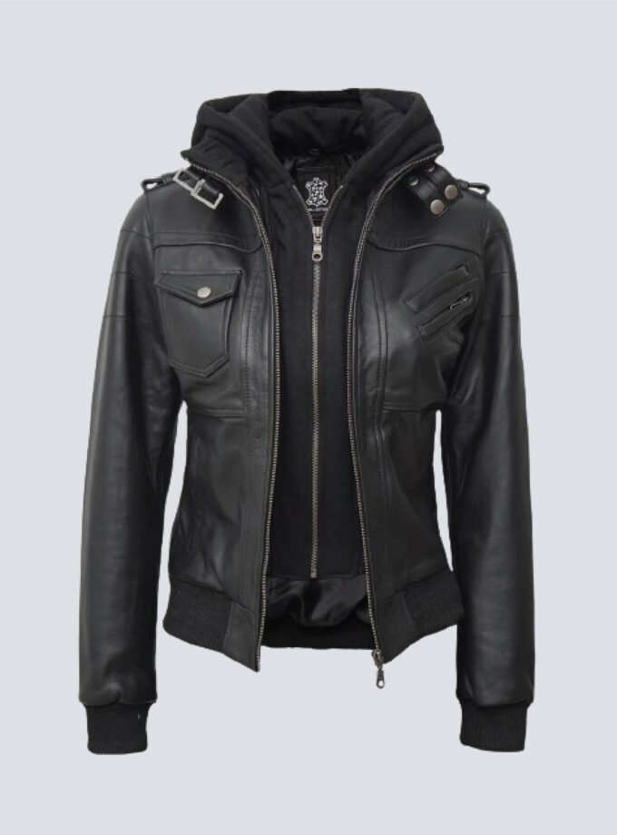 Edinburgh Womens Bomber Black Leather Jacket With Removable Hood