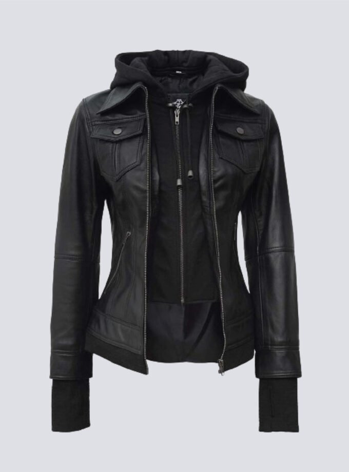 Tralee Black Bomber Women's Leather Jacket With Hood