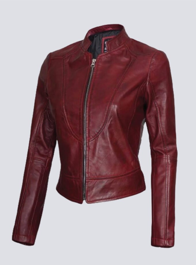 Womens Maroon Cafe Racer Leather Jacket