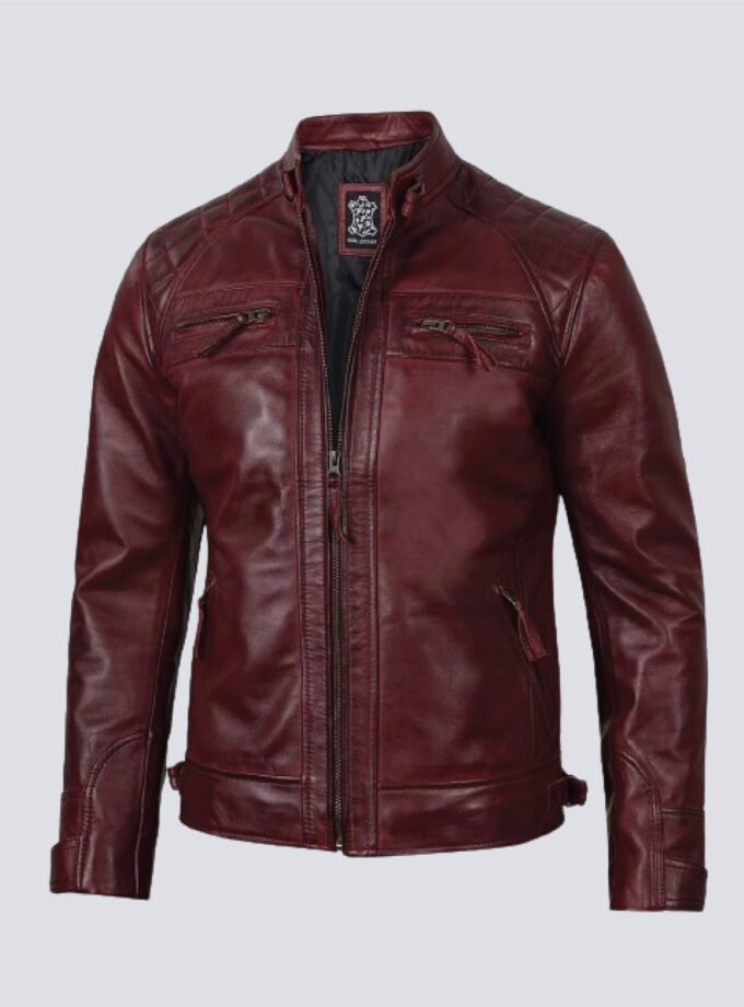 Mens Real Leather Maroon Quilted Biker Jacket