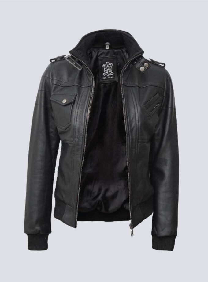 Edinburgh Womens Bomber Black Leather Jacket With Removable Hood