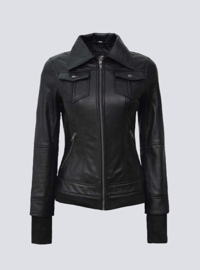 Tralee Black Bomber Women's Leather Jacket With Hood