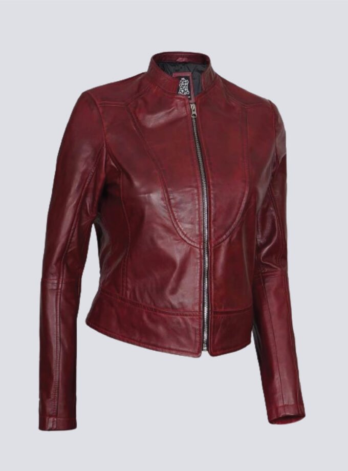Womens Maroon Cafe Racer Leather Jacket