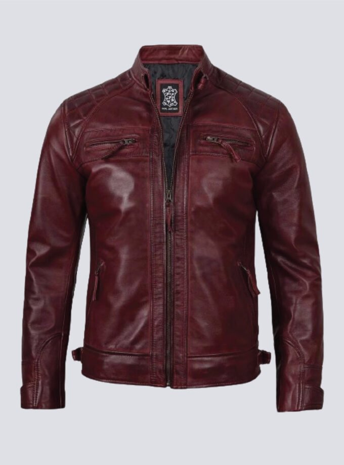 Mens Real Leather Maroon Quilted Biker Jacket