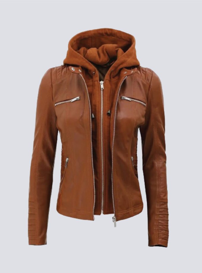Womens Cognac Slim Fit Leather Jacket With Removable Hood