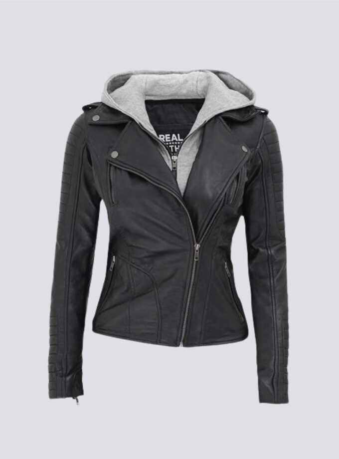 Premium Removable Hooded Women's Black Leather Jacket