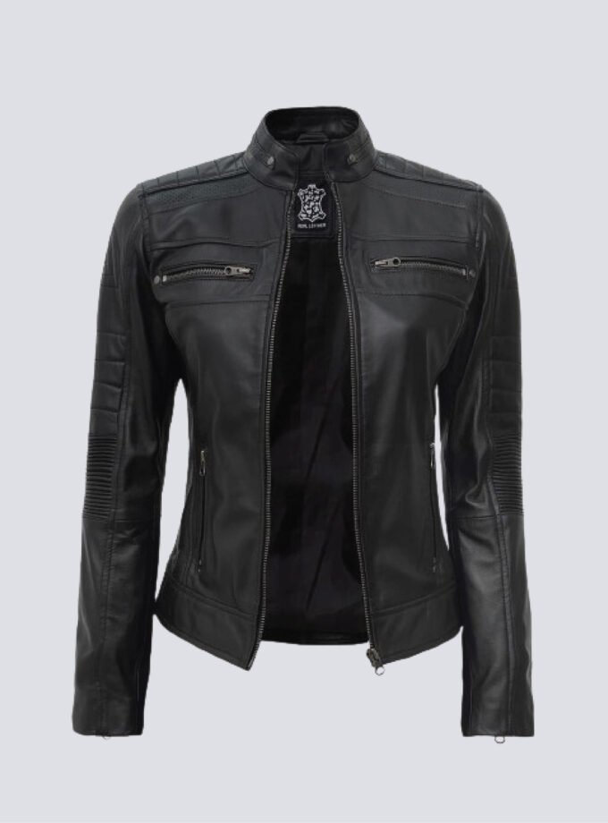 Johnson Women Black Quilted Cafe Racer Leather Jacket