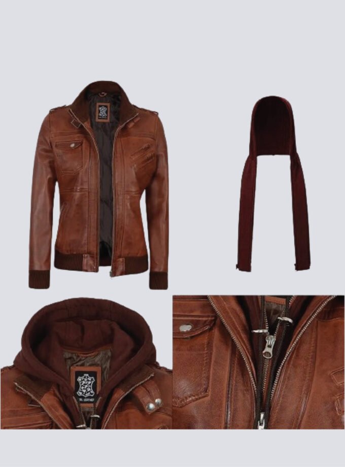 Womens Bomber Cognac Brown Leather Jacket With Removeable Hood