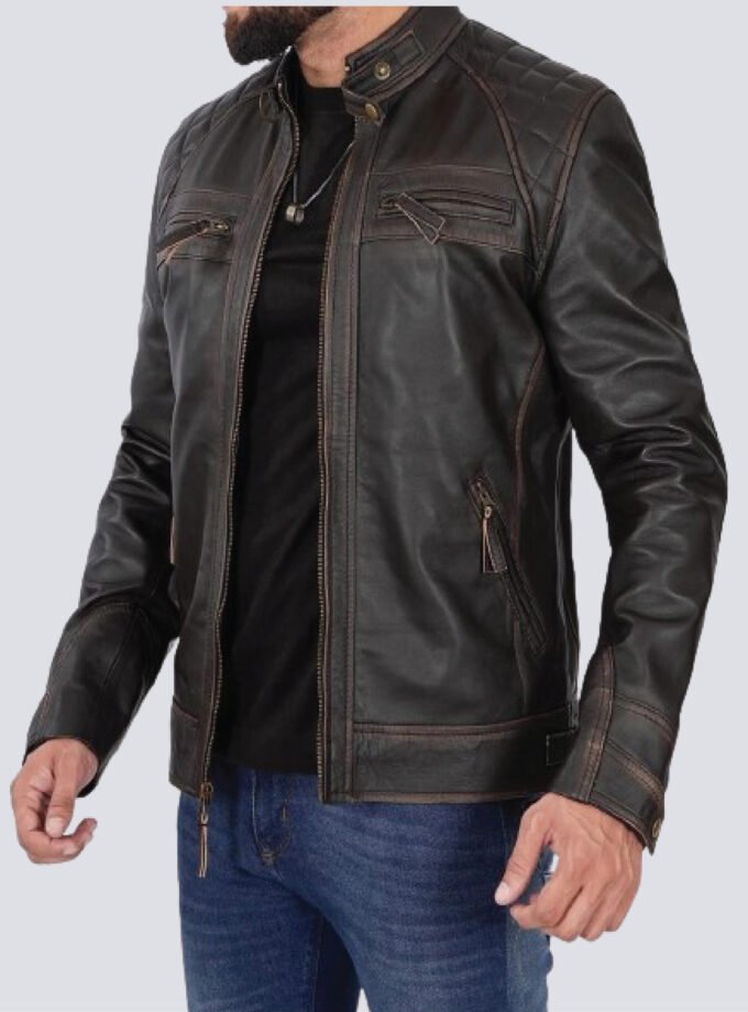 Mens Cafe Racer Distressed Brown Leather Jacket