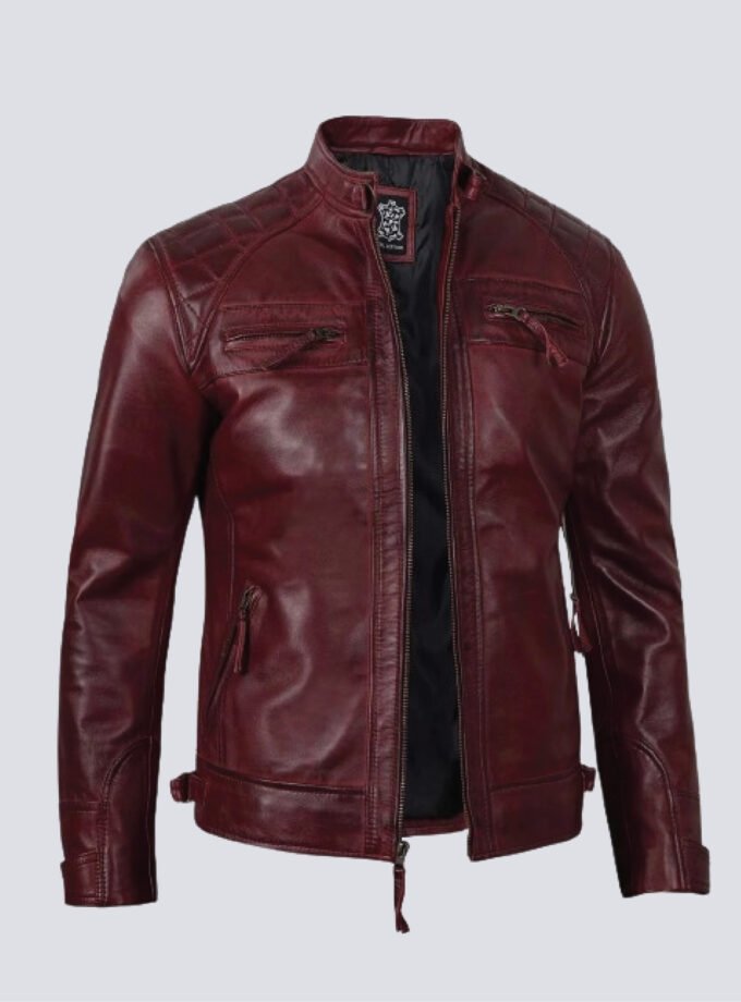 Mens Real Leather Maroon Quilted Biker Jacket
