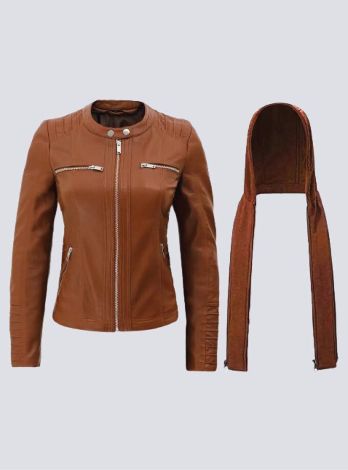 Womens Cognac Slim Fit Leather Jacket With Removable Hood