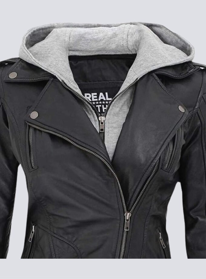 Premium Removable Hooded Women's Black Leather Jacket