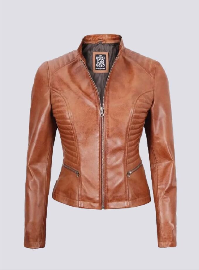 Rachel Womens Tan Cafe Racer Leather Jacket