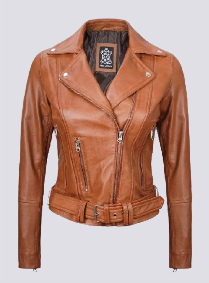 Womens Light Brown Asymmetrical Leather Biker Jacket - Belted