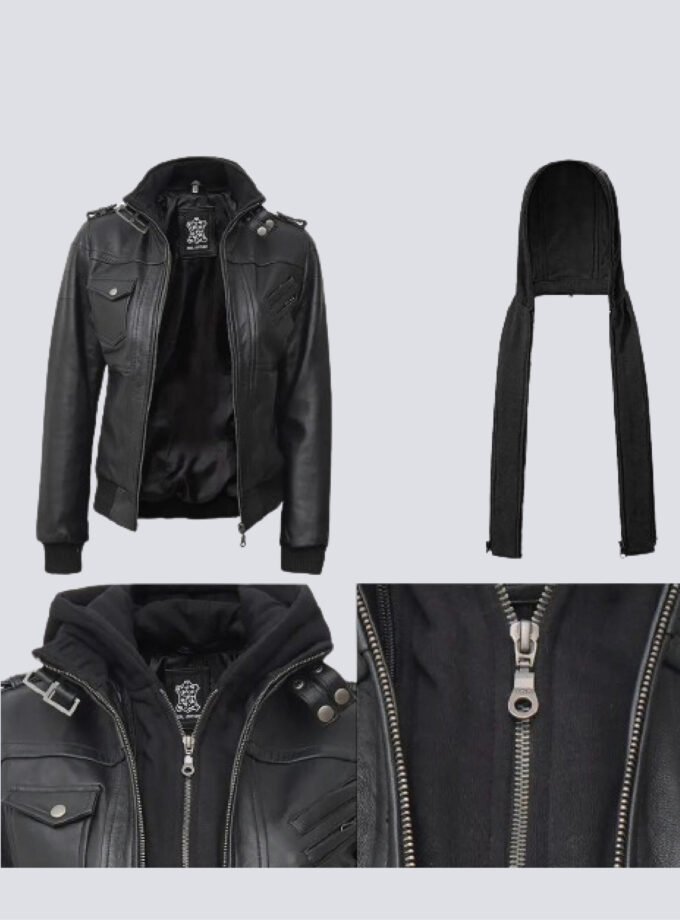 Edinburgh Womens Bomber Black Leather Jacket With Removable Hood