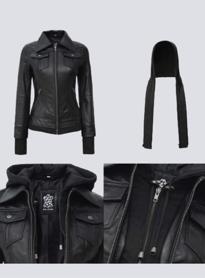 Tralee Black Bomber Women's Leather Jacket With Hood