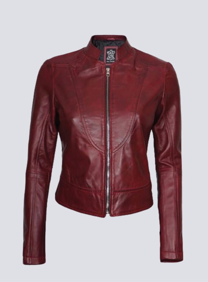 Womens Maroon Cafe Racer Leather Jacket