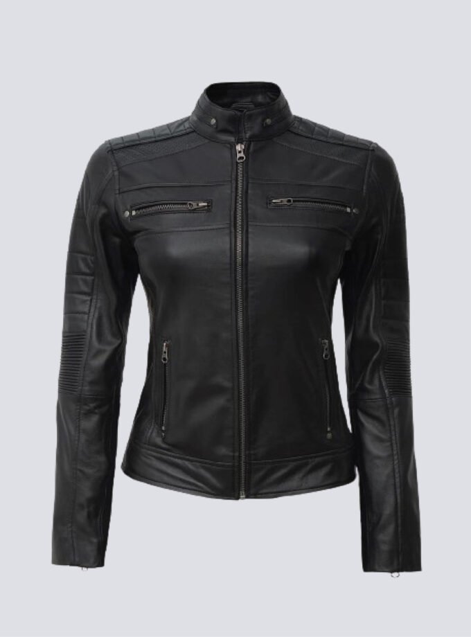 Johnson Women Black Quilted Cafe Racer Leather Jacket