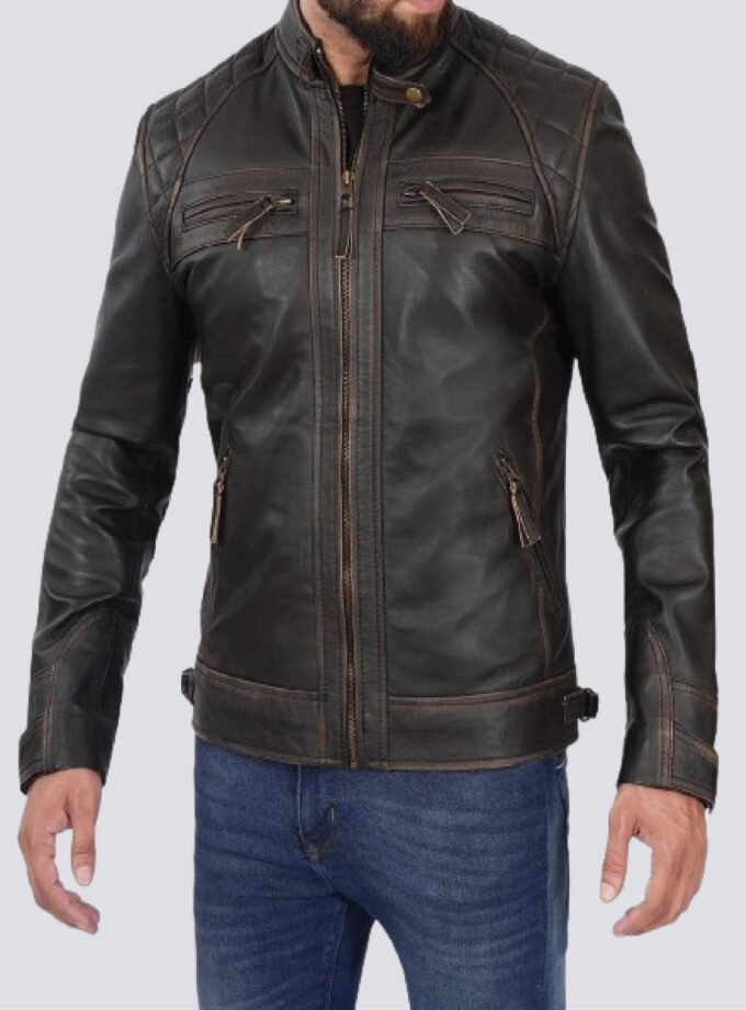 Mens Cafe Racer Distressed Brown Leather Jacket