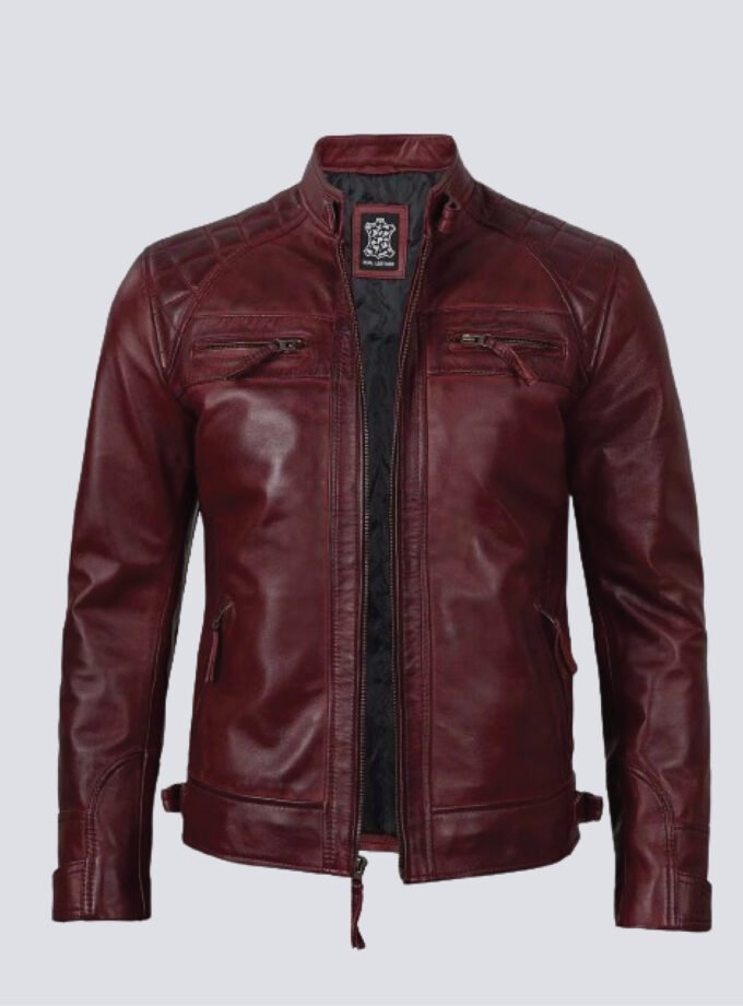 Mens Real Leather Maroon Quilted Biker Jacket