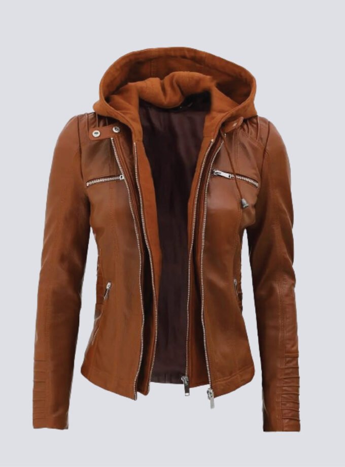 Womens Cognac Slim Fit Leather Jacket With Removable Hood