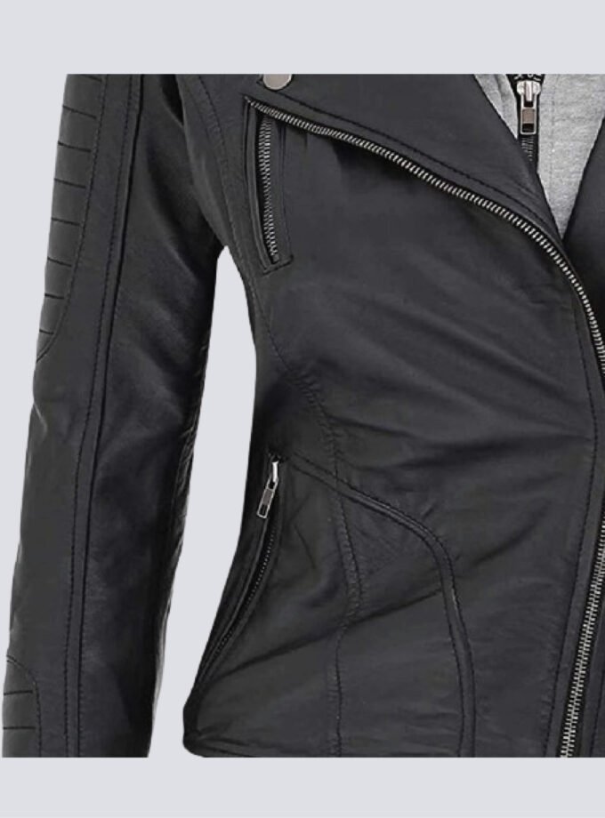 Premium Removable Hooded Women's Black Leather Jacket