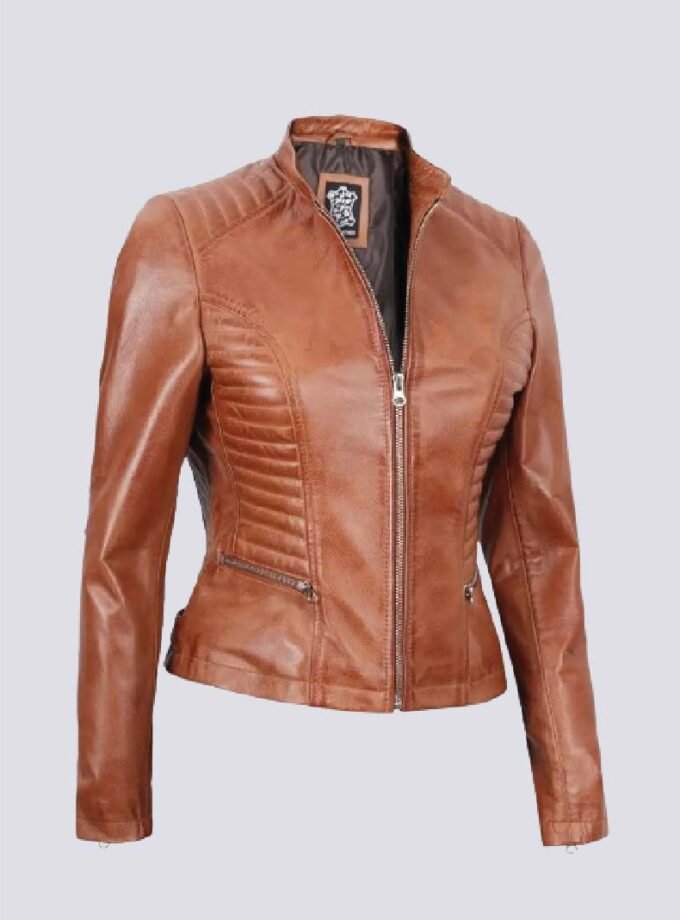 Rachel Womens Tan Cafe Racer Leather Jacket