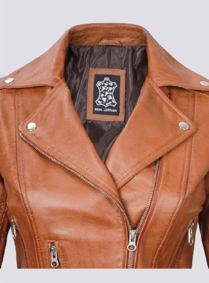 Womens Light Brown Asymmetrical Leather Biker Jacket - Belted