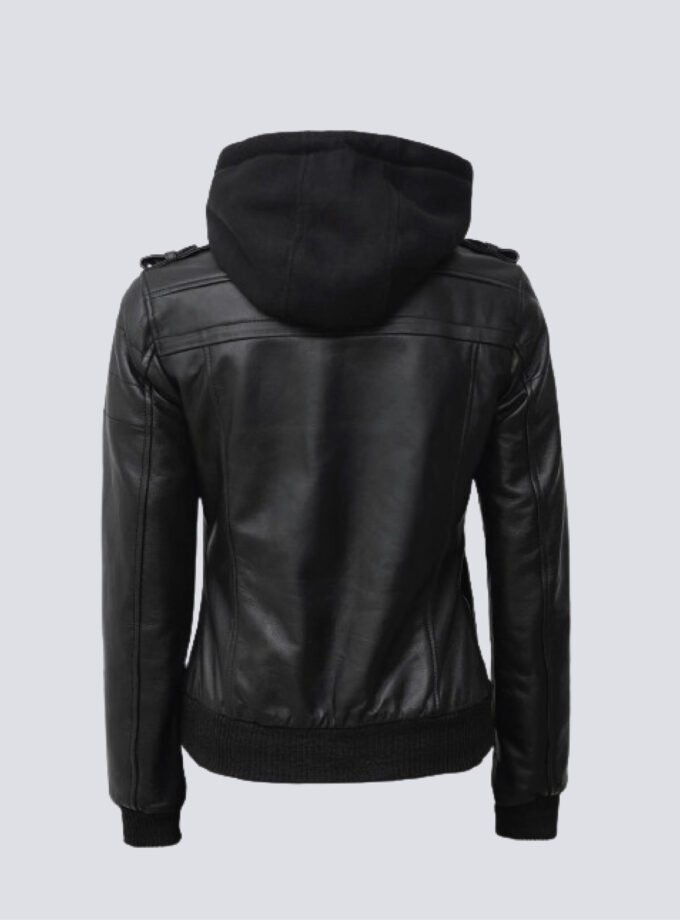 Edinburgh Womens Bomber Black Leather Jacket With Removable Hood