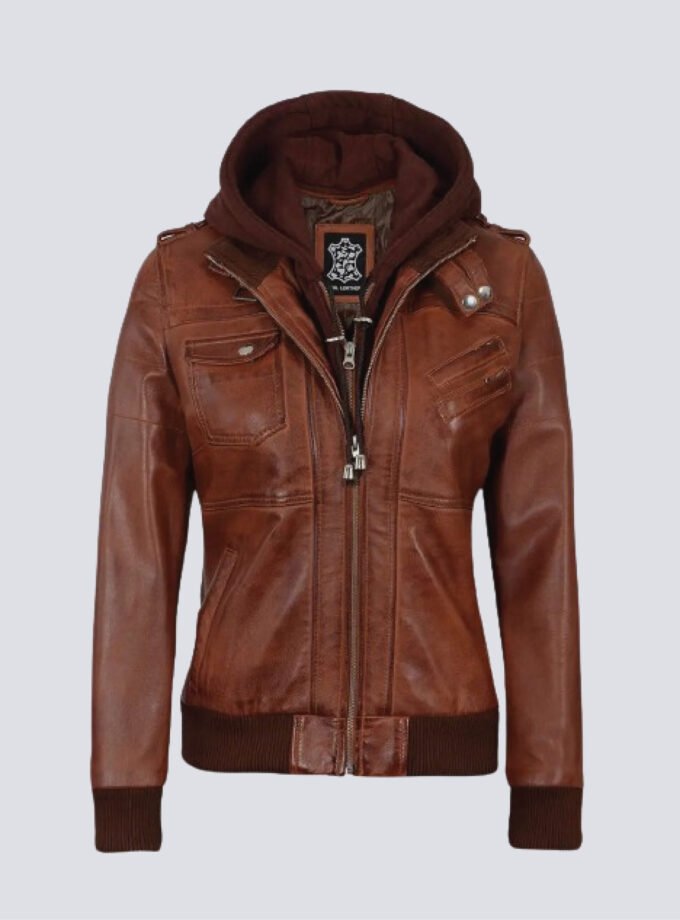 Womens Bomber Cognac Brown Leather Jacket With Removeable Hood