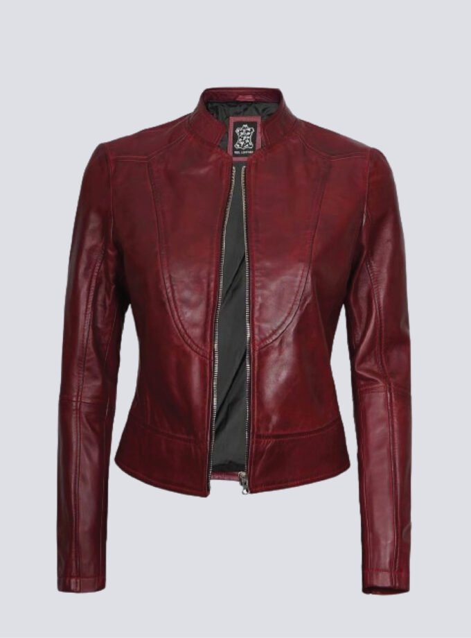Womens Maroon Cafe Racer Leather Jacket
