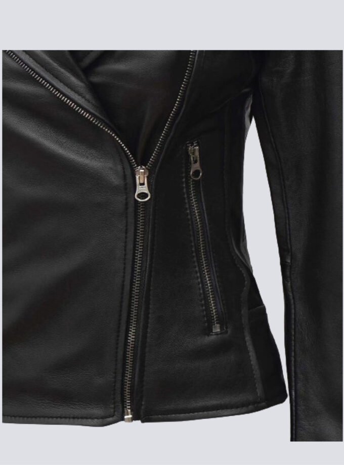 Kirsten Womens Black Asymmetrical Leather Biker Jacket