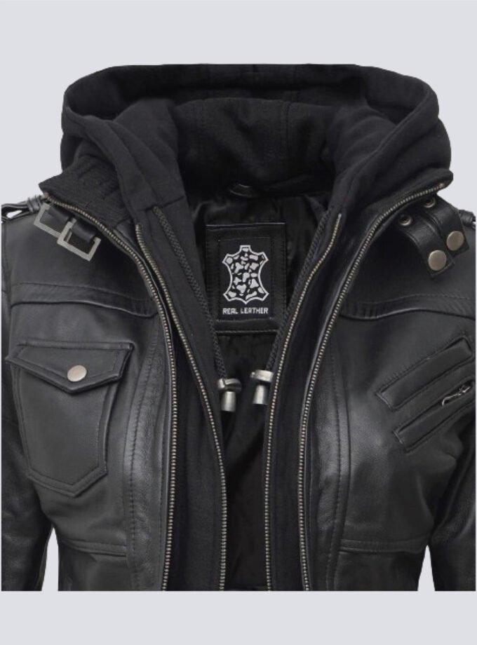 Edinburgh Womens Bomber Black Leather Jacket With Removable Hood
