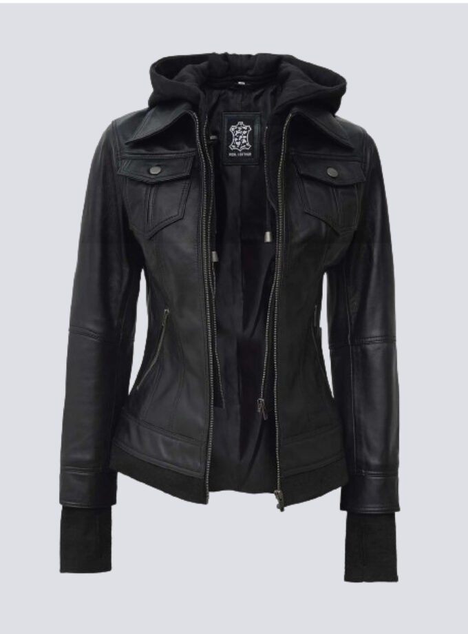 Tralee Black Bomber Women's Leather Jacket With Hood