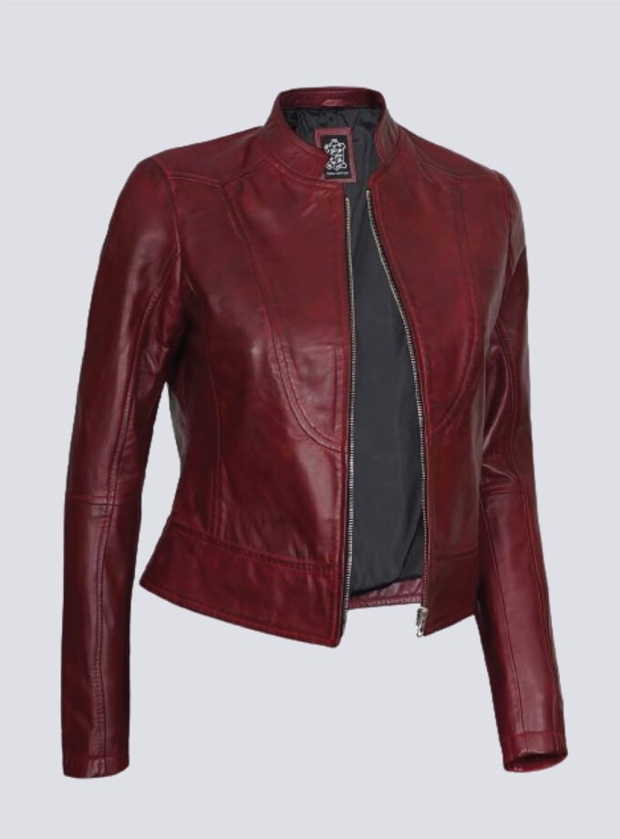 Womens Maroon Cafe Racer Leather Jacket